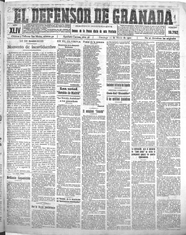 'El Defensor de Granada  : diario político independiente' - Año XLIV Número 19792  - 1922 Marzo 12