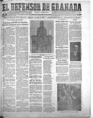 'El Defensor de Granada  : diario político independiente' - Año XLIV Número 19834  - 1922 Mayo 03