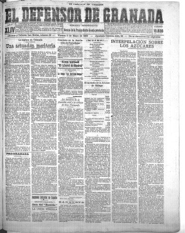 'El Defensor de Granada  : diario político independiente' - Año XLIV Número 19836  - 1922 Mayo 05