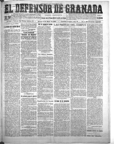 'El Defensor de Granada  : diario político independiente' - Año XLIV Número 19840  - 1922 Mayo 11