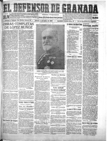 'El Defensor de Granada  : diario político independiente' - Año XLIV Número 19860  - 1922 Junio 03