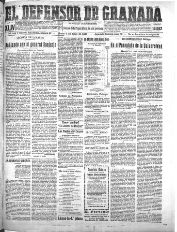 'El Defensor de Granada  : diario político independiente' - Año XLIV Número 19862  - 1922 Junio 06