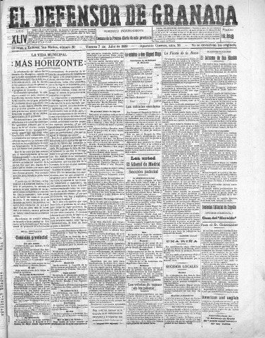'El Defensor de Granada  : diario político independiente' - Año XLIV Número 19888  - 1922 Julio 07