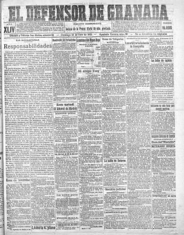 'El Defensor de Granada  : diario político independiente' - Año XLIV Número 19896  - 1922 Julio 16
