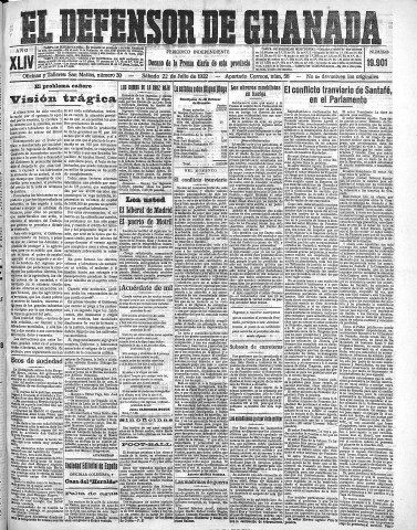 'El Defensor de Granada  : diario político independiente' - Año XLIV Número 19901  - 1922 Julio 22