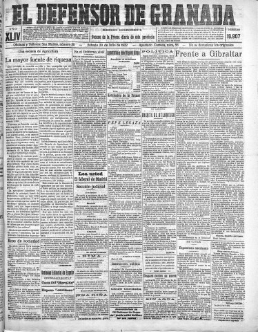 'El Defensor de Granada  : diario político independiente' - Año XLIV Número 19907  - 1922 Julio 29