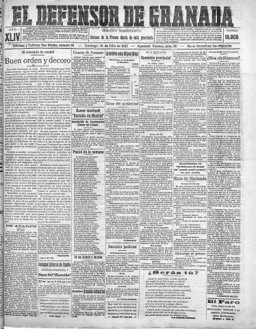 'El Defensor de Granada  : diario político independiente' - Año XLIV Número 19908  - 1922 Julio 30