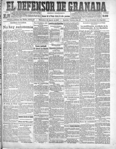 'El Defensor de Granada  : diario político independiente' - Año XLIV Número 19910  - 1922 Agosto 02