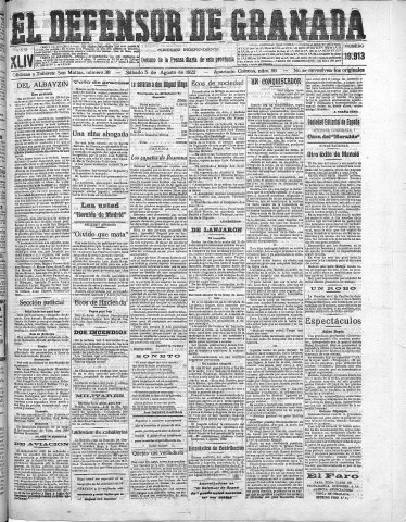 'El Defensor de Granada  : diario político independiente' - Año XLIV Número 19913  - 1922 Agosto 05