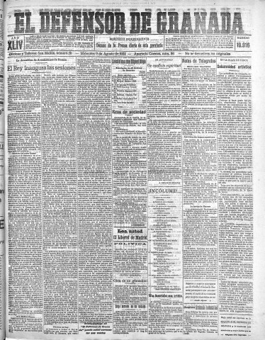 'El Defensor de Granada  : diario político independiente' - Año XLIV Número 19916  - 1922 Agosto 09