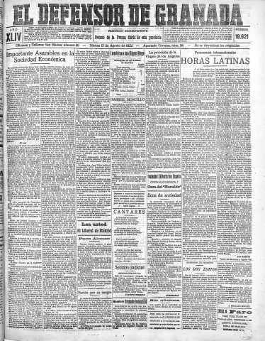 'El Defensor de Granada  : diario político independiente' - Año XLIV Número 19921  - 1922 Agosto 15