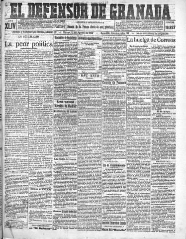 'El Defensor de Granada  : diario político independiente' - Año XLIV Número 19927  - 1922 Agosto 22