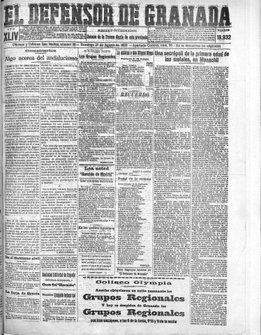 'El Defensor de Granada  : diario político independiente' - Año XLIV Número 19932  - 1922 Agosto 27