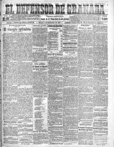 'El Defensor de Granada  : diario político independiente' - Año XLIV Número 19937  - 1922 Septiembre 02