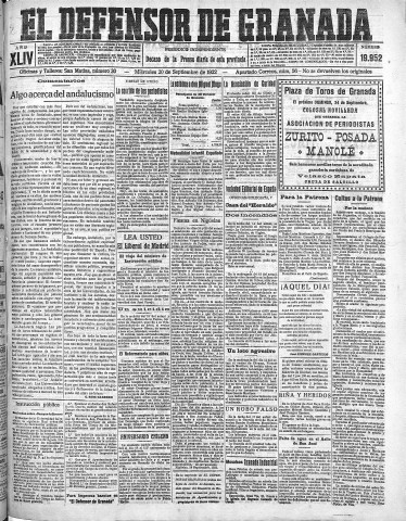 'El Defensor de Granada  : diario político independiente' - Año XLIV Número 19952  - 1922 Septiembre 20