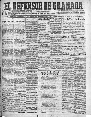'El Defensor de Granada  : diario político independiente' - Año XLIV Número 19955  - 1922 Septiembre 23