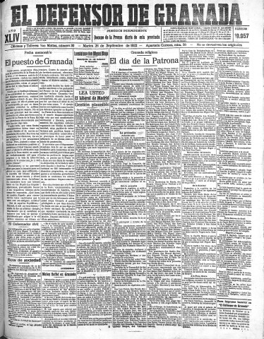 'El Defensor de Granada  : diario político independiente' - Año XLIV Número 19957  - 1922 Septiembre 26