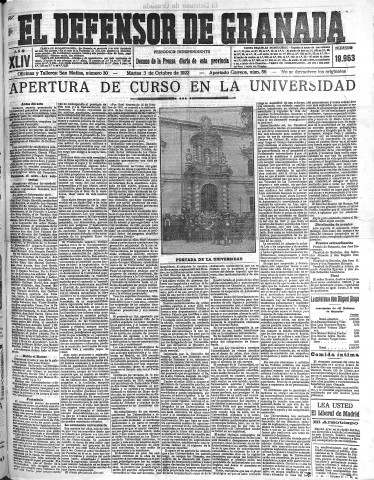 'El Defensor de Granada  : diario político independiente' - Año XLIV Número 19963  - 1922 Octubre 03