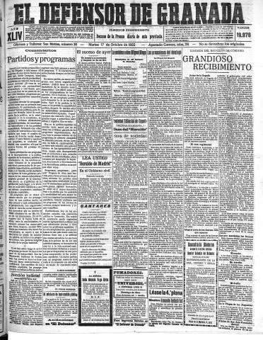 'El Defensor de Granada  : diario político independiente' - Año XLIV Número 19976  - 1922 Octubre 17
