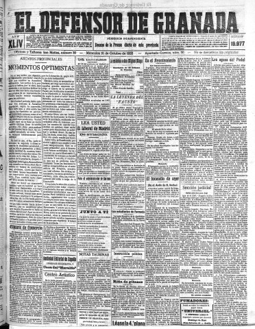 'El Defensor de Granada  : diario político independiente' - Año XLIV Número 19977  - 1922 Octubre 18