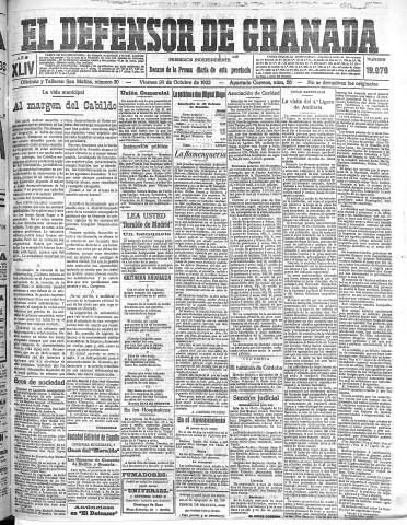'El Defensor de Granada  : diario político independiente' - Año XLIV Número 19979  - 1922 Octubre 20