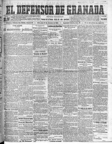 'El Defensor de Granada  : diario político independiente' - Año XLIV Número 19983  - 1922 Octubre 25