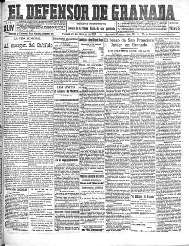 'El Defensor de Granada  : diario político independiente' - Año XLIV Número 19985  - 1922 Octubre 27