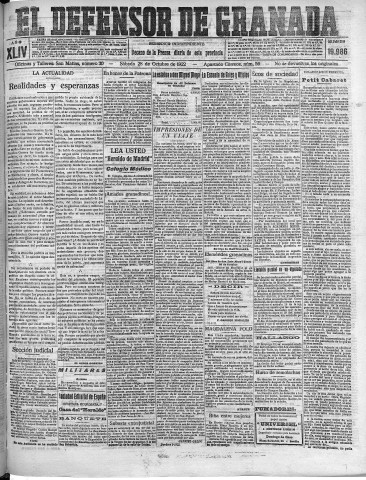'El Defensor de Granada  : diario político independiente' - Año XLIV Número 19986  - 1922 Octubre 28
