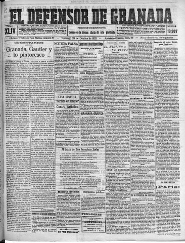 'El Defensor de Granada  : diario político independiente' - Año XLIV Número 19987  - 1922 Octubre 29