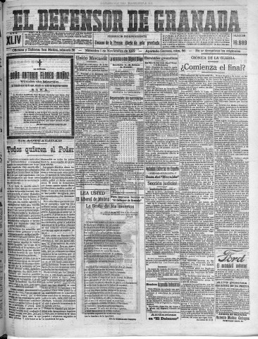 'El Defensor de Granada  : diario político independiente' - Año XLIV Número 19989  - 1922 Noviembre 01