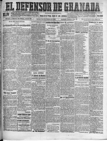 'El Defensor de Granada  : diario político independiente' - Año XLIV Número 19990  - 1922 Noviembre 02
