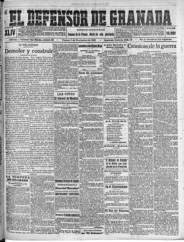 'El Defensor de Granada  : diario político independiente' - Año XLIV Número 19991  - 1922 Noviembre 03