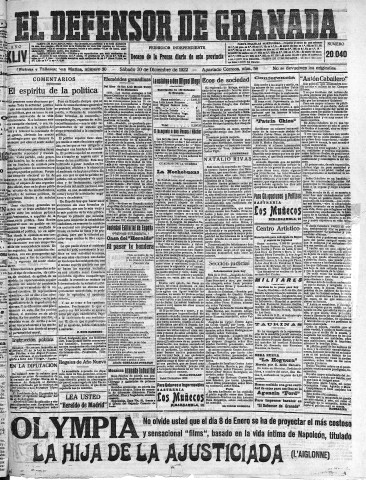 'El Defensor de Granada  : diario político independiente' - Año XLIV Número 20040  - 1922 Diciembre 30