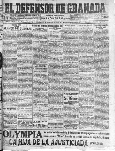 'El Defensor de Granada  : diario político independiente' - Año XLIV Número 20041  - 1922 Diciembre 31