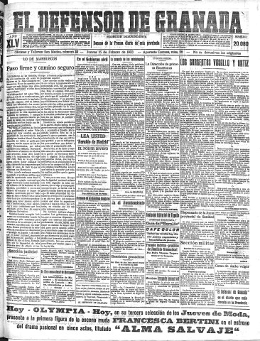 'El Defensor de Granada  : diario político independiente' - Año XLV Número 20080  - 1923 Febrero 15