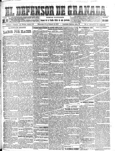 'El Defensor de Granada  : diario político independiente' - Año XLV Número 20091  - 1923 Febrero 28