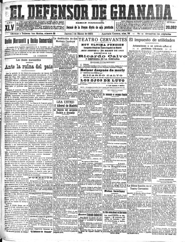 'El Defensor de Granada  : diario político independiente' - Año XLV Número 20092  - 1923 Marzo 01
