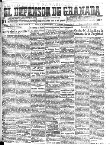 'El Defensor de Granada  : diario político independiente' - Año XLV Número 21014  - 1923 Marzo 27