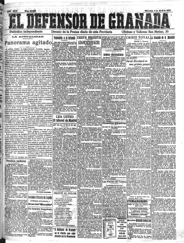 'El Defensor de Granada  : diario político independiente' - Año XLV Número 21020  - 1923 Abril 04
