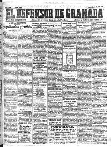 'El Defensor de Granada  : diario político independiente' - Año XLV Número 21030  - 1923 Abril 14