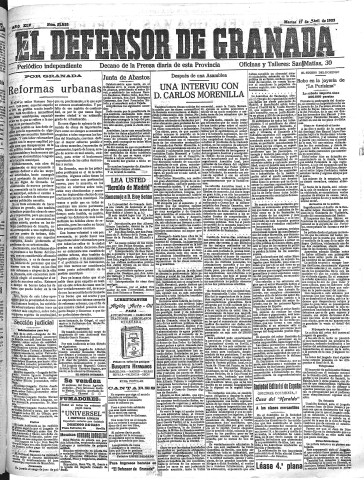 'El Defensor de Granada  : diario político independiente' - Año XLV Número 21032  - 1923 Abril 17