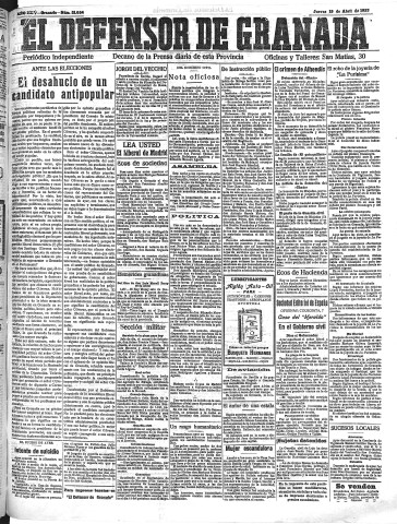 'El Defensor de Granada  : diario político independiente' - Año XLV Número 21034  - 1923 Abril 19
