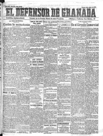 'El Defensor de Granada  : diario político independiente' - Año XLV Número 21035  - 1923 Abril 20