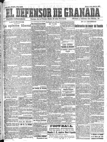 'El Defensor de Granada  : diario político independiente' - Año XLV Número 21038  - 1923 Abril 24