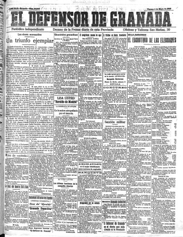 'El Defensor de Granada  : diario político independiente' - Año XLV Número 21046  - 1923 Mayo 04