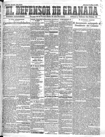 'El Defensor de Granada  : diario político independiente' - Año XLV Número 21050  - 1923 Mayo 09