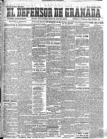 'El Defensor de Granada  : diario político independiente' - Año XLV Número 21052  - 1923 Mayo 11