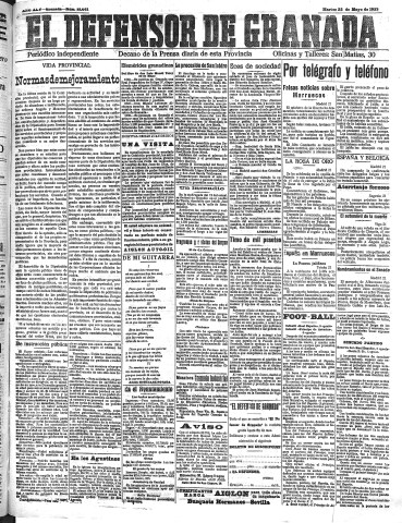 'El Defensor de Granada  : diario político independiente' - Año XLV Número 21061  - 1923 Mayo 22