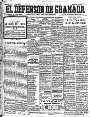 'El Defensor de Granada  : diario político independiente' - Año XLV Número 21066  - 1923 Mayo 27