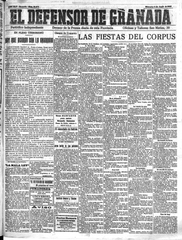 'El Defensor de Granada  : diario político independiente' - Año XLV Número 21073  - 1923 Junio 06